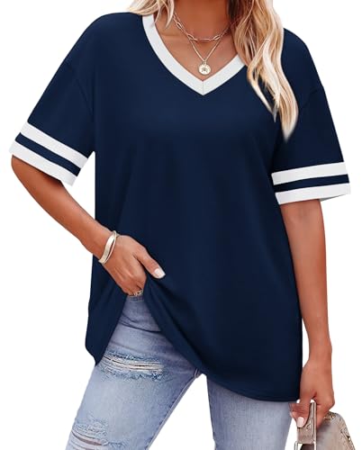 WIHOLL Womens Summer Tops for Women Trendy V Neck Tshirts Shirts for Women Clothing Spring Tops Plus Size Spring Clothes 2026 Ladies Blouses Striped Short Sleeve Work Navy Blue L