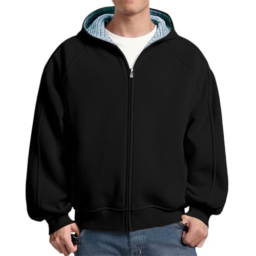 Mens Zip Up Hooded Sweatshirt Fashion Casual Lightweight Drawstring Hoodie Jakcets Plaid Patchwork Jackets Streetwear