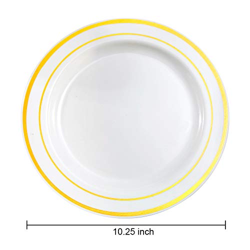 bUCLA 100Pieces Gold Plastic Dinner Plates - 10.25inch White and Gold Plates Disposable for Party - Ideal for Wedding, Party & Daily Use
