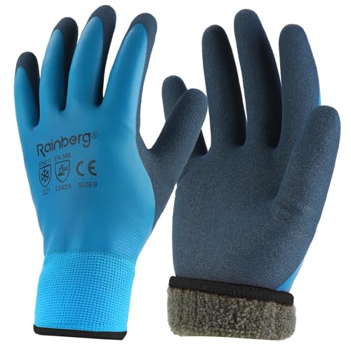 Rainberg 1 Pair Waterproof Thermal Winter Work Gloves Fleece Liner Insulated Warm for Cold Weather Safety Gloves with Superior Grip Outdoor Gardening Car Washing Fishing Multipurpose (Blue L)