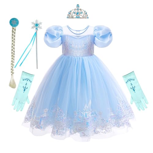 REXREII Girls Frozen Elsa Princess Sequins Dress Halloween Costume Christmas Birthday Evening Party Ball Gown w/Accessories Blue 8-9T