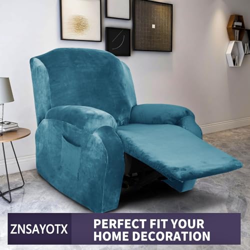 Image of ZNSAYOTX Stretch Velvet Recliner Cover 4-Pieces, Thick Soft Recliner Chair Slipcover with Pocket, Non-Slip Elastic Bottom for Kids Pets, Luxury Plush Reclining Protector Comfy Washable (Peacock Blue)