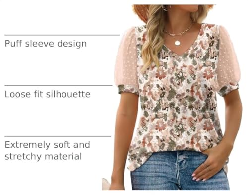 Image of Aokosor Womens Summer Tops V Neck T Shirts Swiss Dot Puff Sleeve Tops Loose Casual Tshirts