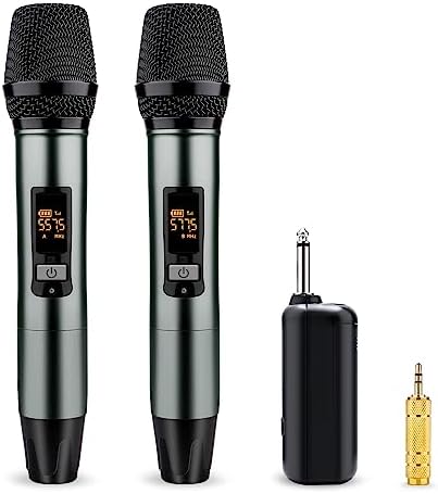 PLINUS Rechargeable Wireless Microphone, UHF Mic with 2 Handheld Dynamic Cordless Microphones with Portable Receiver, 180ft, for Party, Speech, Karaoke Singing, Class, Wedding, DJ, Church