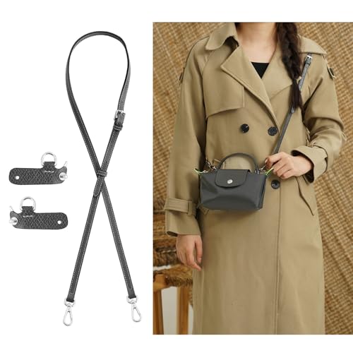 Image of Top-Grain Leather Strap for LongChamp Mini Pouch, Upgraded Buckles Mini Bag Adjustable Crossbody Shoulder Straps Conversion Kit Replacement (Grey, XS)