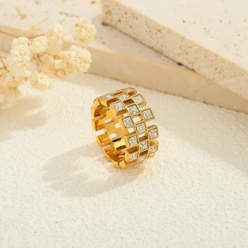 Chunky Gold Plated Ring for Women Unisex Engagement Ring Faux Diamond Band Ring Size 6 7 8 Anniversary Promise Ring for Her with Gift Bag Elegant Bridal Jewelry4