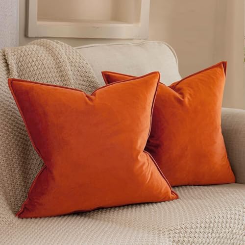 VAKADO Cushion Covers Velvet Decorative Autumn Pillow Covers With Fringe Decor Soft Square Cozy Solid Color Cushion Cases Home for Bed Bedroom Couch Car Sofa Set of 2 Burnt Orange 45x45