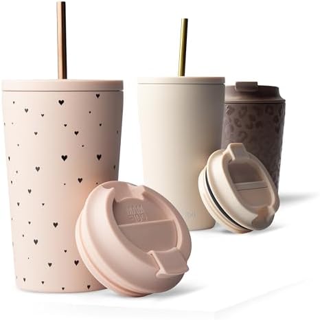 MAMEIDO Insulated Coffee Cup with Straw 16 Oz Thermal Mug Thermal Mug BPA Free Stainless Steel Anti-Leak Tumbler (Blush Crush) image 2