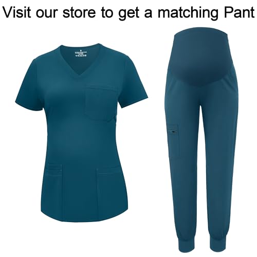 Image of PACBREEZE Women's Maternity Scrub Top /Shirt V-Neck Workwear Medical Pregnancy Scrub Clothes with 4 Pockets, S-XXL (Caribbean Blue, Medium)