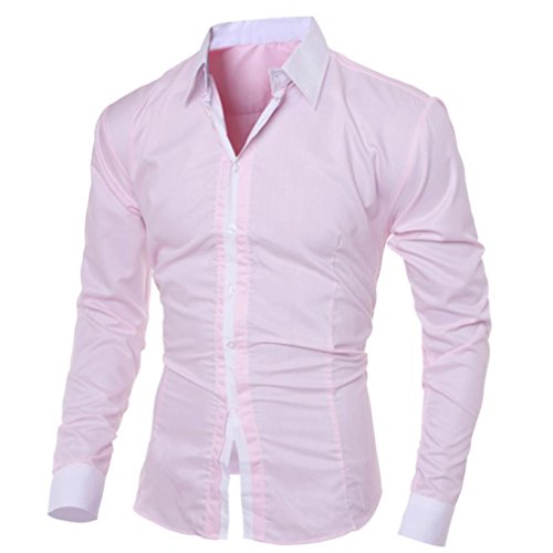 Premium Men s Long Sleeves,Fashion Printing Business Slim Long-Sleeved Shirt Top Blouse (L, Pink)