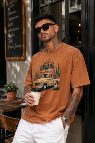 Image of London Hills Men's Oversized t Shirt for Men Graphic T-Shirt | Acid Wash Printed Men T-Shirts | Tshirt for man Round Neck Half Sleeve Pure Cotton Casual Mens tees | Off Shoulder Tshirt Shirts man
