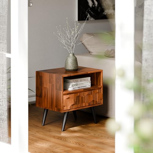 Image of Bme Georgina Solid Wood Nightstand with 1 Drawer & Open Shelf- Fully Assembled Mid Century Modern Side Table - Geometric Pattern Bedside Dresser for Bedroom and Living Room, Dark Chocolate