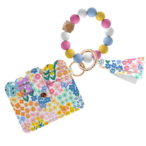 Mzoyell Flower Wallet Keychain Wristlet Horizontal Silicone Bead Bracelet Key Ring Wallet with Wrist Strap and Card Case ID Window PU Leather Blocking Card for Women Girls Teachers and Friends