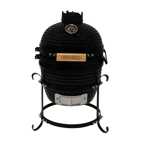 Horno Barbacoa Kamado de 13”/ 33cm FRESH GRILLS | Cerámica Negro/Acero Inoxidable | Termómetro incorporado | Sistema de flujo de aire | Portátil | BBQ Carbón Leña Ahumador Asador Aire Libre Camping