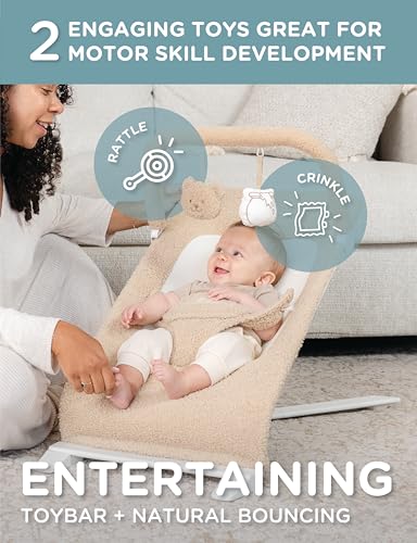Image of Baby Delight Alpine Deluxe Portable Bouncer, Tan Sherpa | For Infant 0 - 6 months, 3-Position Recline, 3-Point Safety Harness, Removable & Washable Cover, Detachable Toy Bar