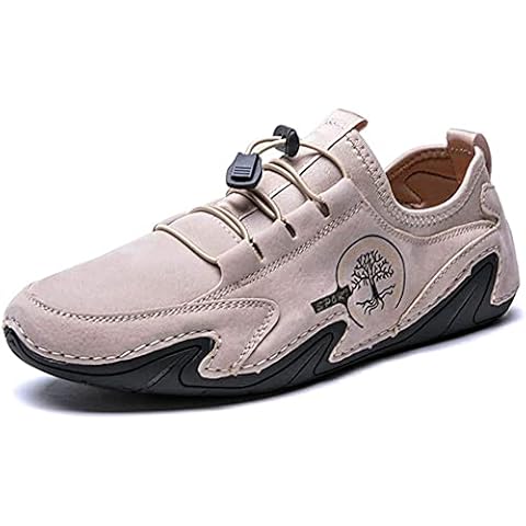 Asifn Men Casual Shoes Leather Driving Comfort Loafers Suede Leisure Hand Stitching Vintage Walking Oxford Business Work Office Dress(Beige,8 UK Cover