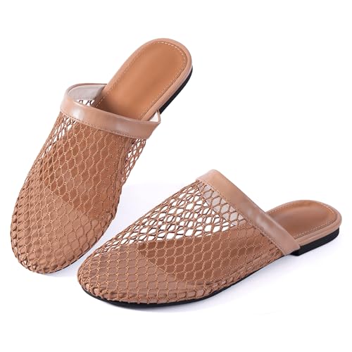Mtzyoa Women Flat Sandals Mesh Knit Summer Breathable Openwork Cushioned Non Slip Slip-On Dressy Casual Vacation Bohemian Cute Slides Mule Sandals Nude Size 8