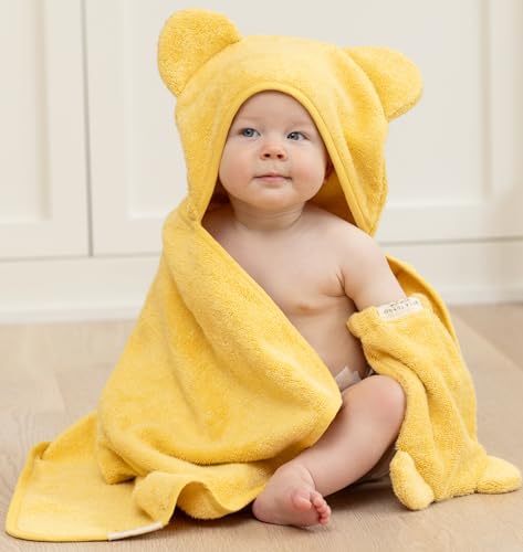 Image of Bella Tunno Baby Bath Towel and Wash Mitt Set - Soft Absorbent Hooded Towels and Mitt-Style Baby Washcloths, Oeko-TEX Certified (Sunshine)