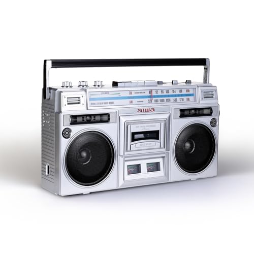 aiwa Portable Retro Boombox BackTrack Jr Vintage Bluetooth Speaker with Cassette Player Bluetooth FM/AM Radio USB & AUX for Home Outdoor and Travel Listening (Silver)