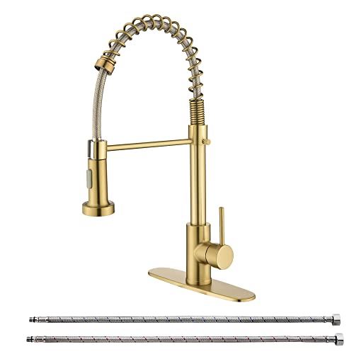 PHICHI Kitchen Faucet with Dual Function Pull-Down Spray Head in All-Brite Finish, Commercial Single Handle Brushed Gold Kitchen Sink Faucet with Deck Plate, 1 Hole Or 3 Hole Compatible.