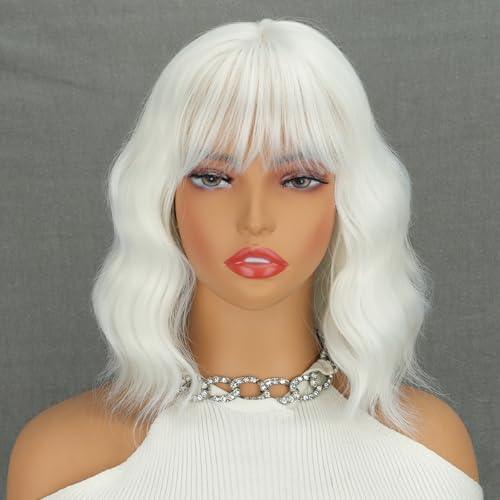 LINGHANG White Wig Short Wavy Wig with Bangs for Women