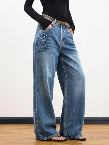 Image of EMMIOL Women Hip Hop 90s Vintage Baggy Jeans Denim Pants Mid Waist Jeans