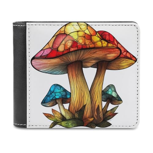 Stained Glass Mushroom Colorful Soft PU Leather Bifold Wallet, Coin Purse Credit Pass Case, Durable Card-Holder Slim Billfold for Men Woman Money Storage