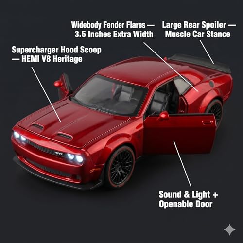 Image of Dodge Challenger SRT Hellcat Widebody 1:32 Scale Die-Cast Car Model Grey - Sound Light Openable Doors Pull-Back Alloy American Muscle Car Collectible