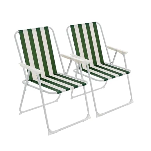 Harbour Housewares Folding Beach Deck Chairs - Green Stripe - Pack of 2 - Metal Outdoor Patio Seat Lightweight Portable Deck Chair for Picnic, Garden, Camping, Fishing