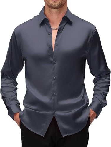 Image of CB-COLEBROOK Mens Stylish Solid Silk Satin Casual Dress Shirts for Men Shiny Long Sleeve Button Down Shirt Party Prom Wedding Shirt for Mens