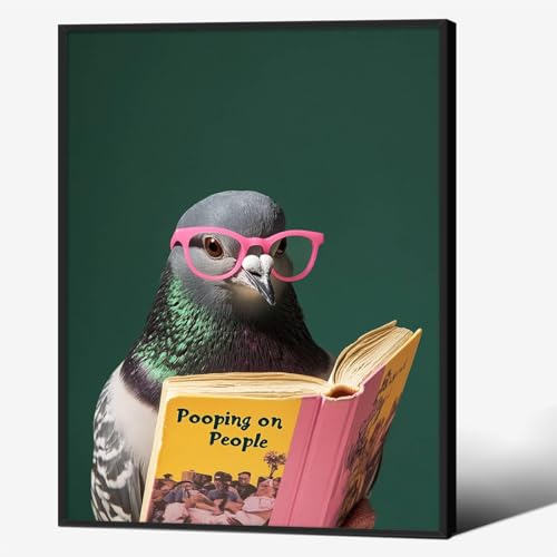 Funny Bird Animal Bathroom Wall Art Pigeon Reading Book Green