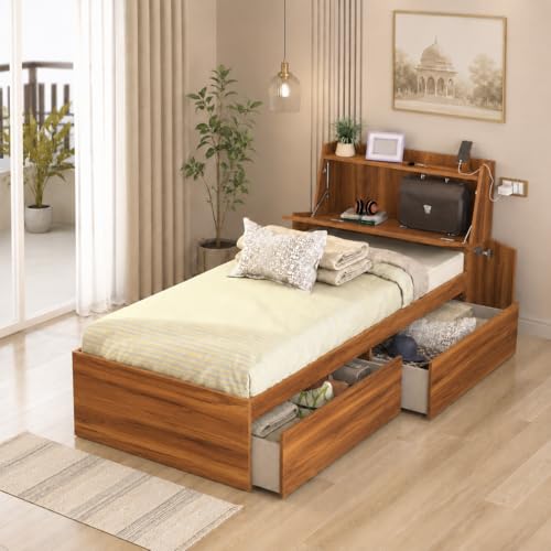 Image of Studio Kook Tribe Headboard Storage Engineered Wood Single Bed with Drawers (Amber Walnut, Right Side Drawer)