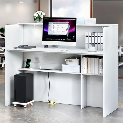 TC-HOMENY Reception Desk with LED Lights, 55'' Reception Counter Modern with Storage Shelves and Cable Grommet, Front Desk Reception Room Table, Reception Room, Beauty Salon, Office Desk,White