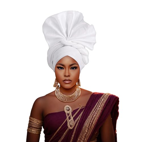 Auto Gele African Head Tie of Nigeria ASO Oke Headwraps Hat Turban Wedding Party Handmade Elegant Hair Wear Cap for Women (US, Alpha, One Size, Large, White)