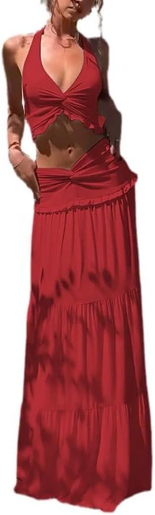 ksotutm Women 2 Piece Outfits Sleeveless Strap Top Maxi Skirt Solid Color Going Out Vacation 2 Piece Sets for Women