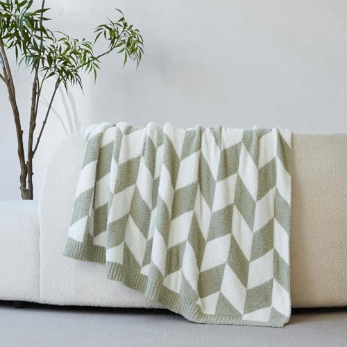 Image of Snuggle Sac Chevron Throw Blanket for Couch, Reversible Super Soft Warm Blankets Cozy Knit Fuzzy Plush Lightweight Throws for Sofa, Bed, Camping, Green,50x60 inches