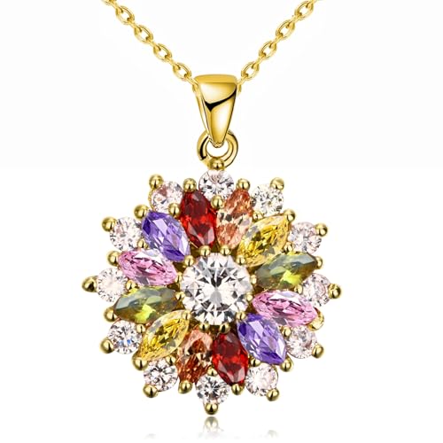 VONSSY Colorful Snowflake Pendant Necklace Earrings Rose Gold 5A Cubic Zirconia | Crystal Sweater Chain | Multi Gemstone Garnet Amethyst Morganite Peridot Prom Rhinestone Necklaces for Women Vintage Stylish Gift