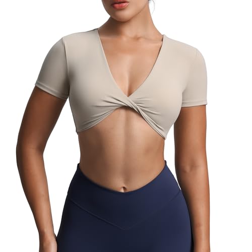 Image of Aoxjox Short Sleeve Crop Tops for Women Sienna Twist Deep V Workout Cropped T Shirt Top
