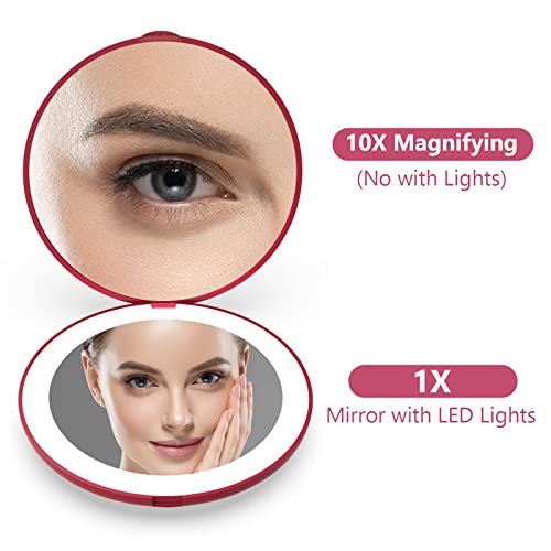 Wobsion Travel Mirror With Light, 1X/10X Compact Magnifying Mirror,Handheld 2-Sided Pocket Mirror,Led Small Makeup Mirror,3.5In Compact Mirror For Purses,Travel Size Mirror For Handbag,Gift,Wine Red #TOP1