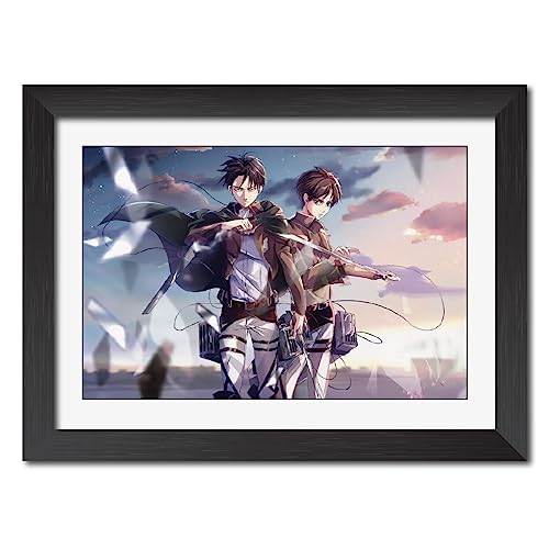 Image of TenorArts Eren and Levi Poster Attack on Titan Anime Posters Laminated Photo Frame Painting with Matt Finish Black Textures (12inches x 9inches)