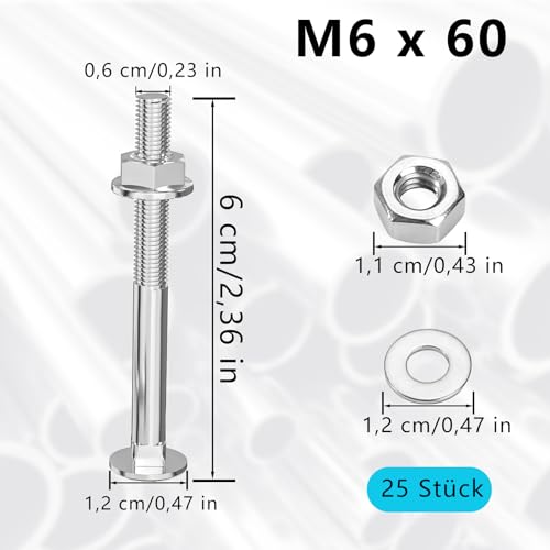 Schlossschrauben, 25 Stück Torbandschrauben M6 x 60, Flachrundkopfschrauben mit Sechskantflanschmuttern und Unterlegscheiben