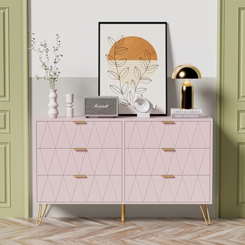 UEV 6 Drawer Dresser for Bedroom,Pink Dresser with Wide Drawers