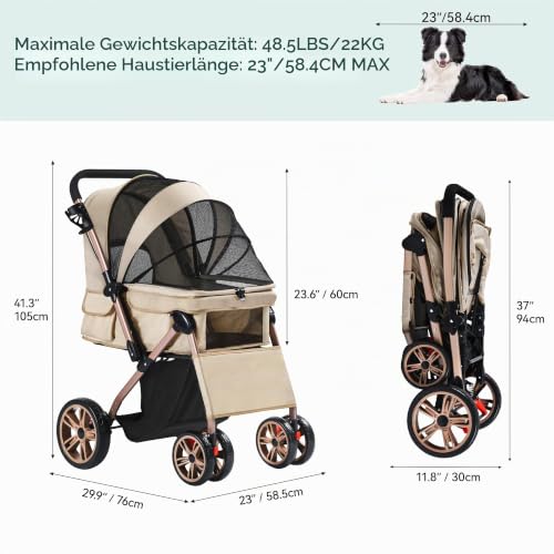 YITAHOME Hundebuggy Hundewagen klappbar für Hunde & Katzen, Haustierbuggy bis 22 kg mit umkehrbarem Griff, Netzfenstern, Getränkehalter, 360° drehbare EVA-Räder mit Bremsen (Beige)