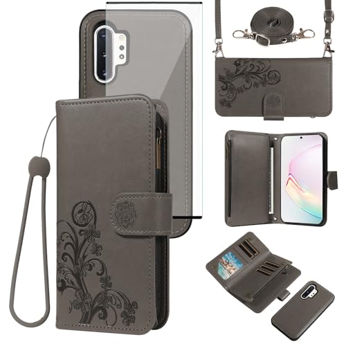 Housse Samsung Note 10+ 5G Étui Carte Zipper Fleur Anti-Choc avec Sangle