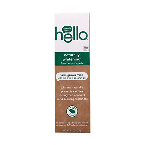 Hello Oral Care Naturally Whitening Fluoride Toothpaste, Vegan & Sls Free, Farm Grown Mint With Tea Tree Oil Coconut Oil, 4.7 Ounce #TOP2