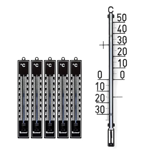 Lantelme Gartenthermometer 35cm und 5 Stück 17cm Set 6 Tlg. Temperaturbereich -30°C bis 50°C | Analog Thermometer für Außen Innen Garten Kunststoff Farbe Schwarz | Innenthermometer Außenthermometer