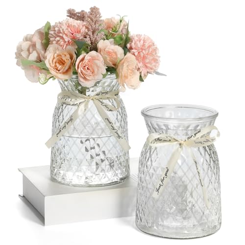 SOJOCK 2PACK Glass Flower Vases(Flowers NOT Included),6.3″ High Diamond Pattern Vases,Large Vases for Flowers,Vintage Vases for Centrepieces,Wedding Decorations,Home Table Flower Decorations