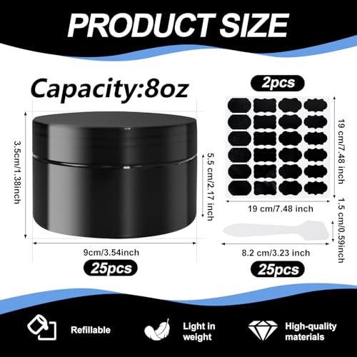 25 Pcs Plastic Jars with Lid 8 oz Plastic Cosmetic Containers Round Lotion Sample Containers Refillable Travel Jars Leak Proof Empty Cosmetic Jars for Storage Cream Powder Ointment Supplies(Black)2