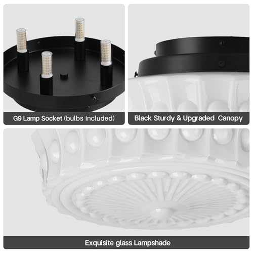 Image of White Milk Glass Ceiling Light Fixture, 13.8'' Flush Mount Lighting for Bedroom, Hallway, Kitchen & Dining Room, Vintage Mid Century Design, 4 LED Bulbs Included, Ideal for Modern Farmhouse
