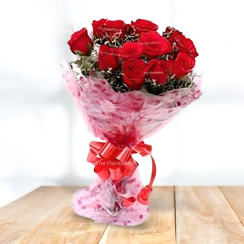 Fresh Flower Bouquet of 08 Real Red Roses in Premium Cellophane Wrapping with Seasonal Fillers, Bunch of 08 (Red Rose Bouquet), Gifts for Valentine's Day, Holi, Mother's Day